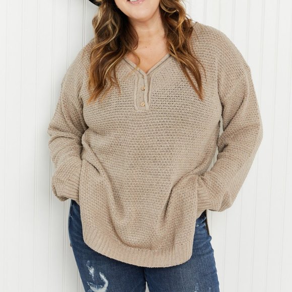 GeeGee Full Size Waffle Knit Henley Sweater - Picture 3 of 8